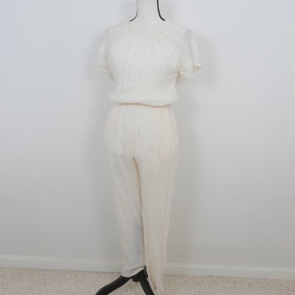 Objects Without Meaning Cream Gauze Short Sleeve Skinny Leg Size Small Jumpsuit - Picture 13 of 16